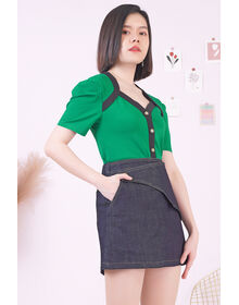 Black Contrast Puff Sleeve Button Down Top (Green)
